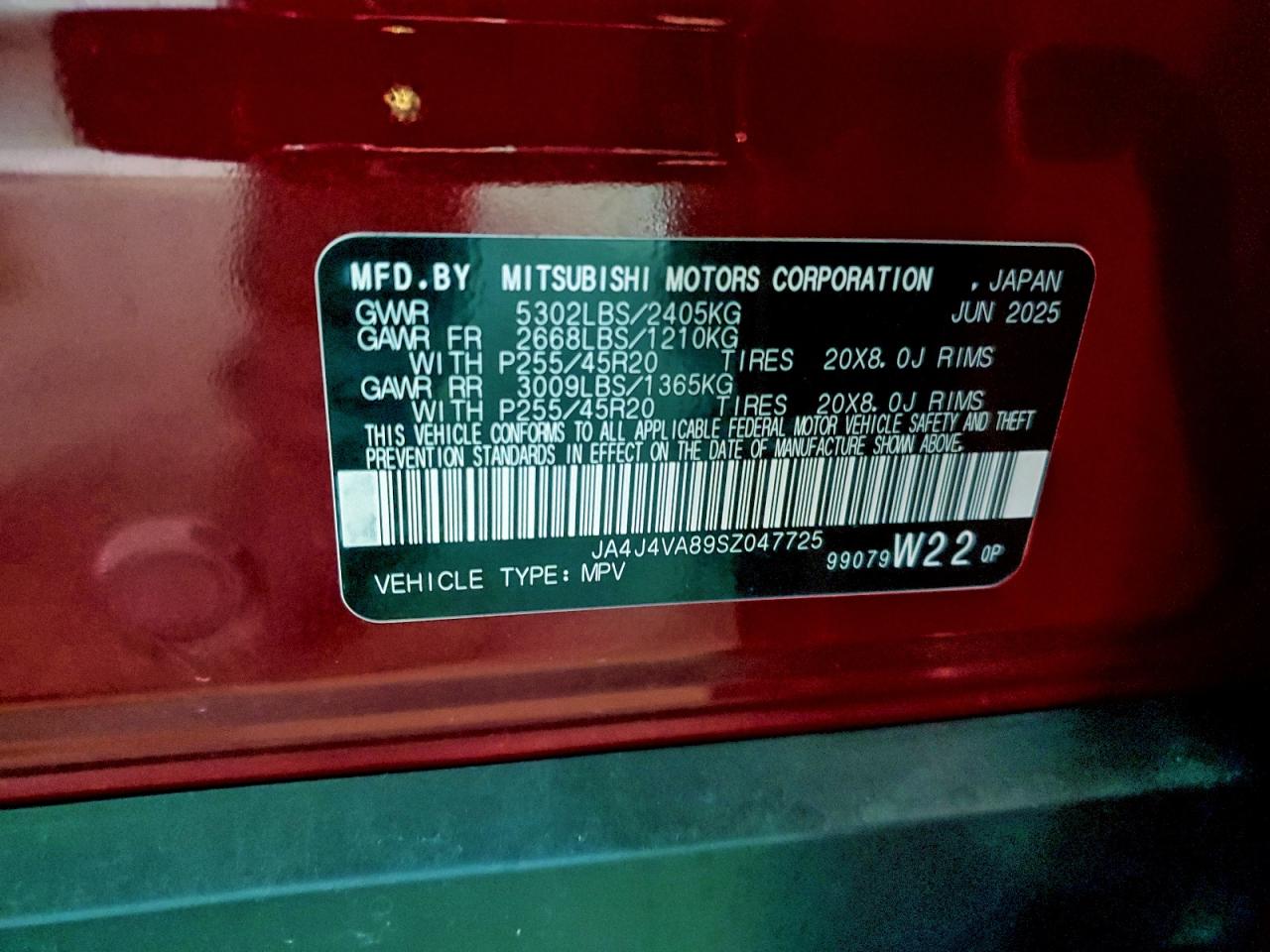 2025 Mitsubishi Outlander Se VIN: JA4J4VA89SZ047725 Lot: 93733645