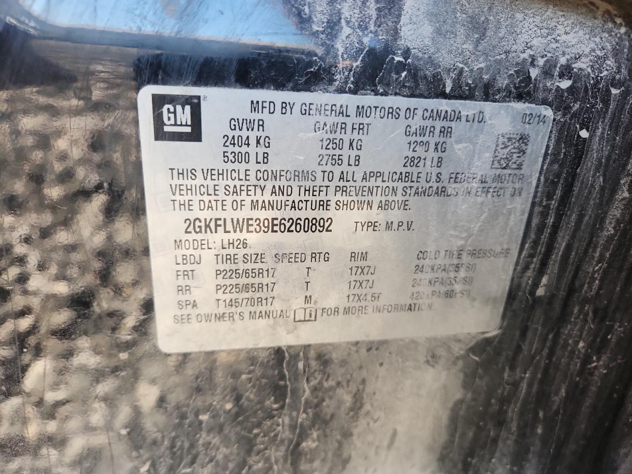 2014 GMC Terrain Sle VIN: 2GKFLWE39E6260892 Lot: 90626195