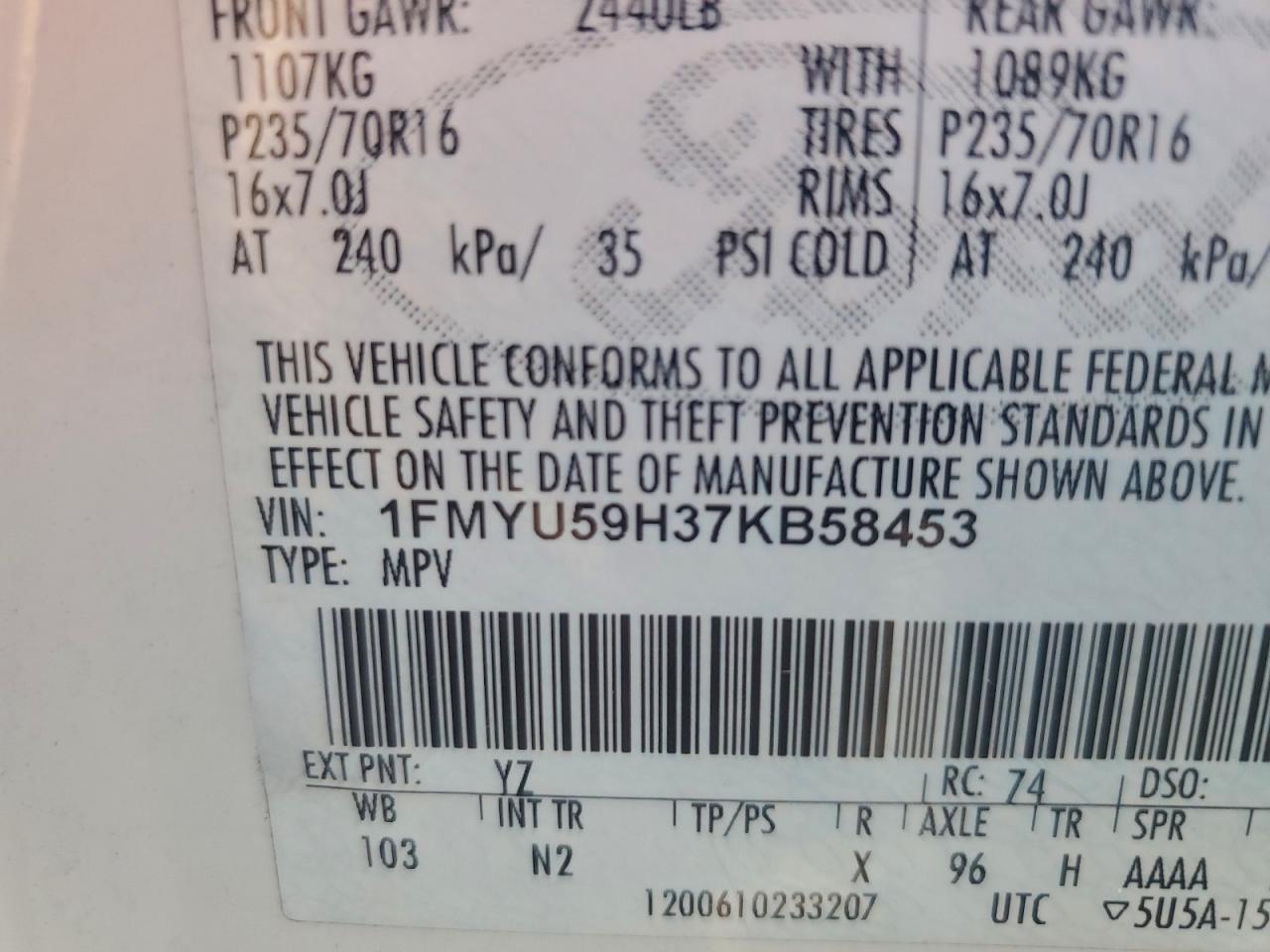 2007 Ford Escape Hev VIN: 1FMYU59H37KB58453 Lot: 95107395