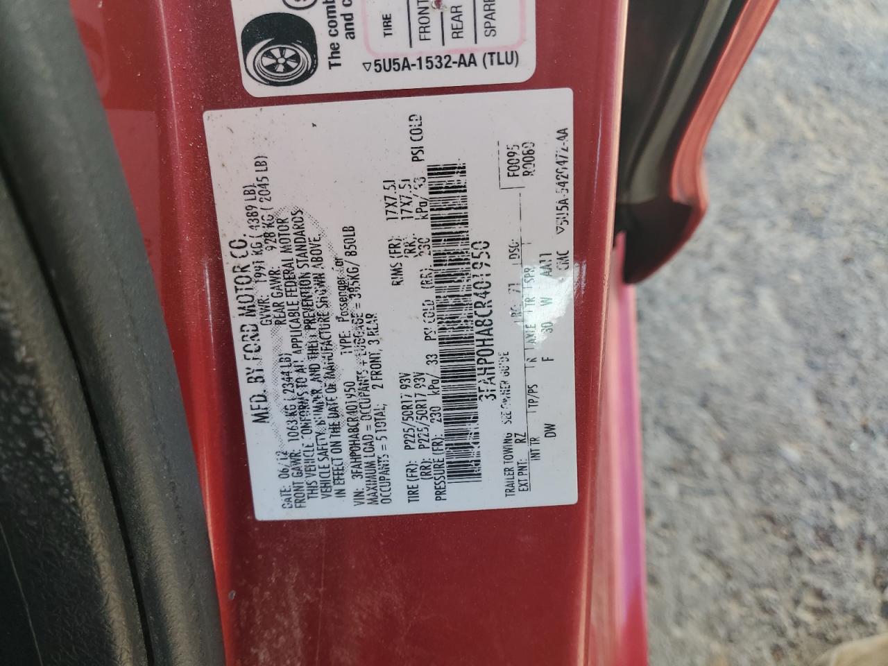 2012 Ford Fusion Se VIN: 3FAHP0HA8CR401950 Lot: 91302755