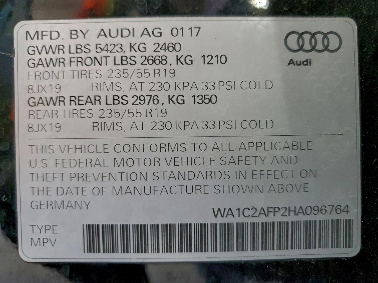 2017 Audi Q5 Premium VIN: WA1C2AFP2HA096764 Lot: 94057085