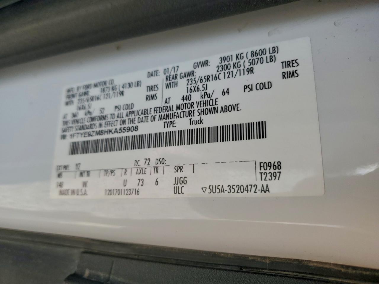 2017 Ford Transit T-150 VIN: 1FTYE9ZM8HKA55908 Lot: 94355665