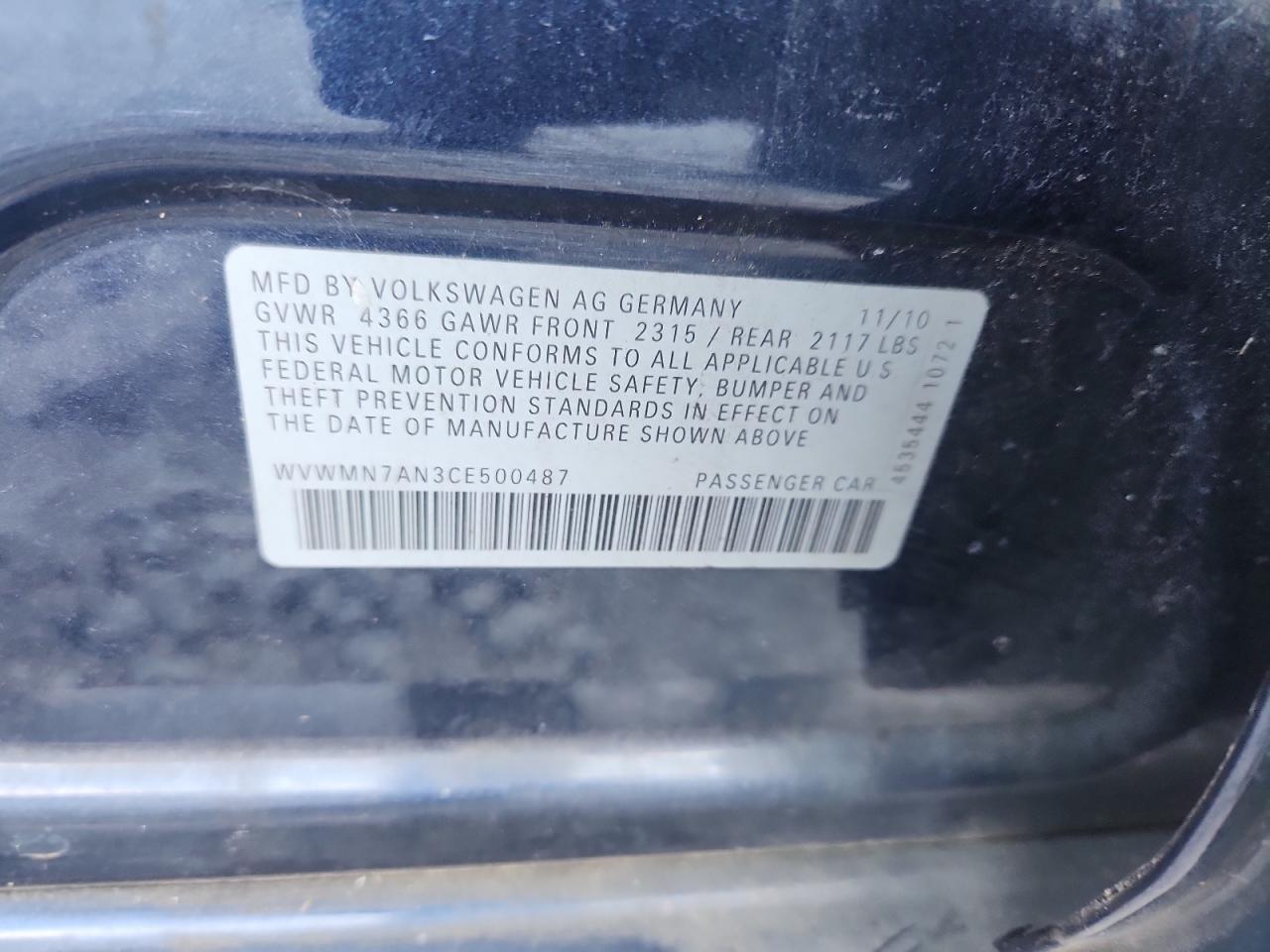 2012 Volkswagen Cc Sport VIN: WVWMN7AN3CE500487 Lot: 93091575