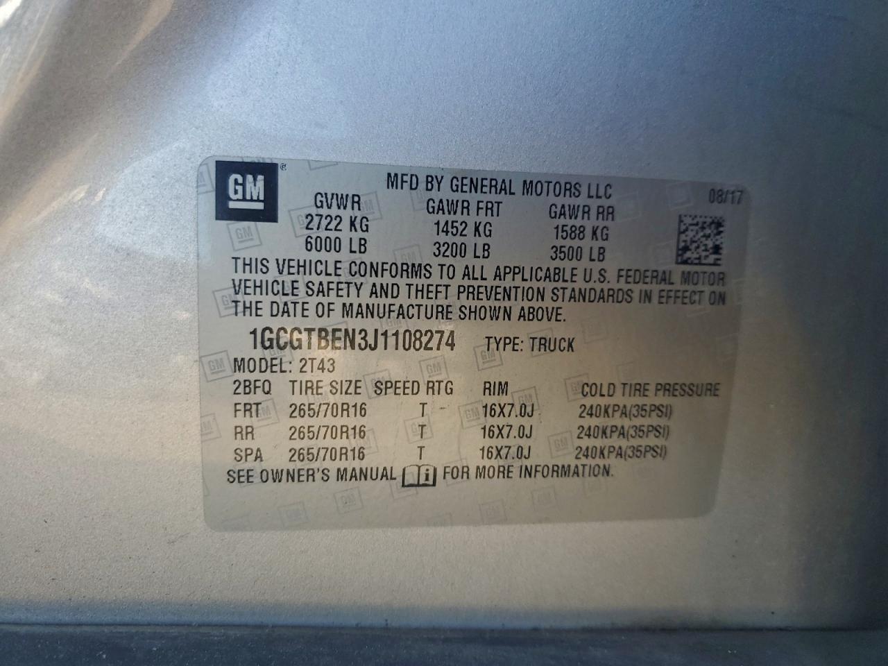 2018 Chevrolet Colorado VIN: 1GCGTBEN3J1108274 Lot: 94799905