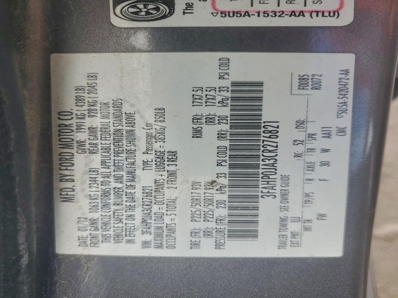 2012 Ford Fusion Sel VIN: 3FAHP0JA3CR276821 Lot: 94111005