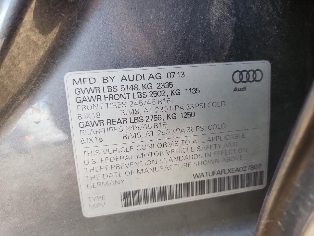 2014 Audi A4 Allroad Premium Plus VIN: WA1UFAFLXEA027807 Lot: 92756615