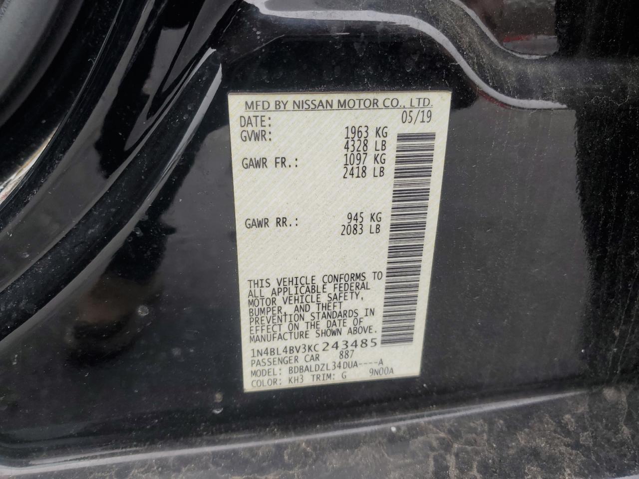 2019 Nissan Altima S VIN: 1N4BL4BV3KC243485 Lot: 93894125