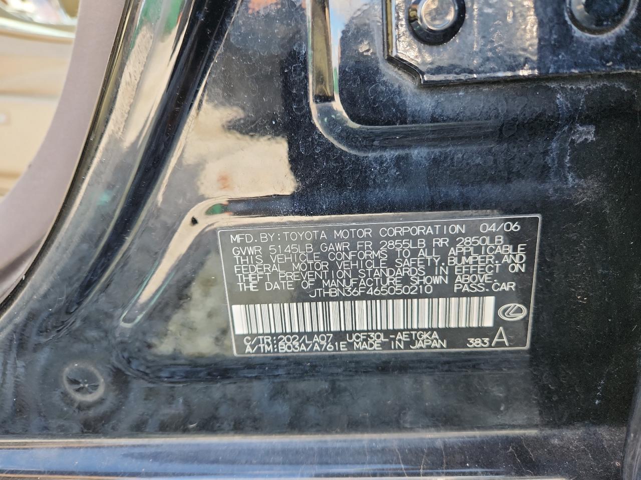 2006 Lexus Ls 430 VIN: JTHBN36F465050210 Lot: 92085585