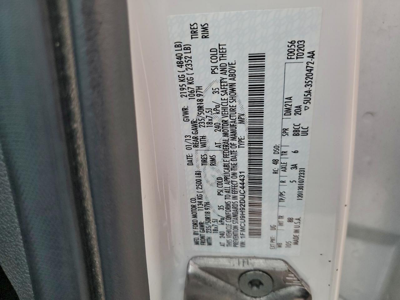 2013 Ford Escape Sel VIN: 1FMCU9H92DUC44431 Lot: 94028255