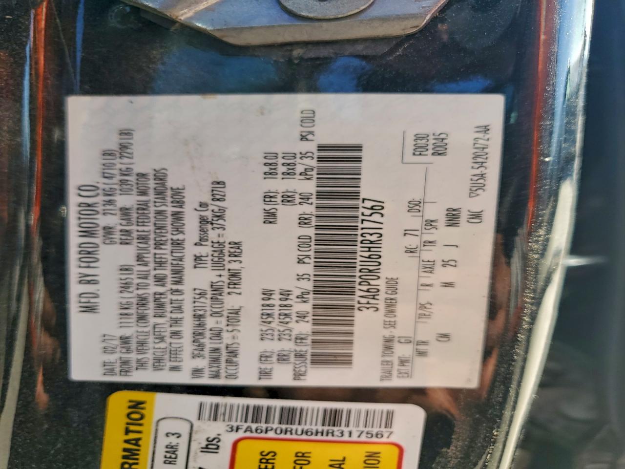 2017 Ford Fusion Titanium Hev VIN: 3FA6P0RU6HR317567 Lot: 92376935