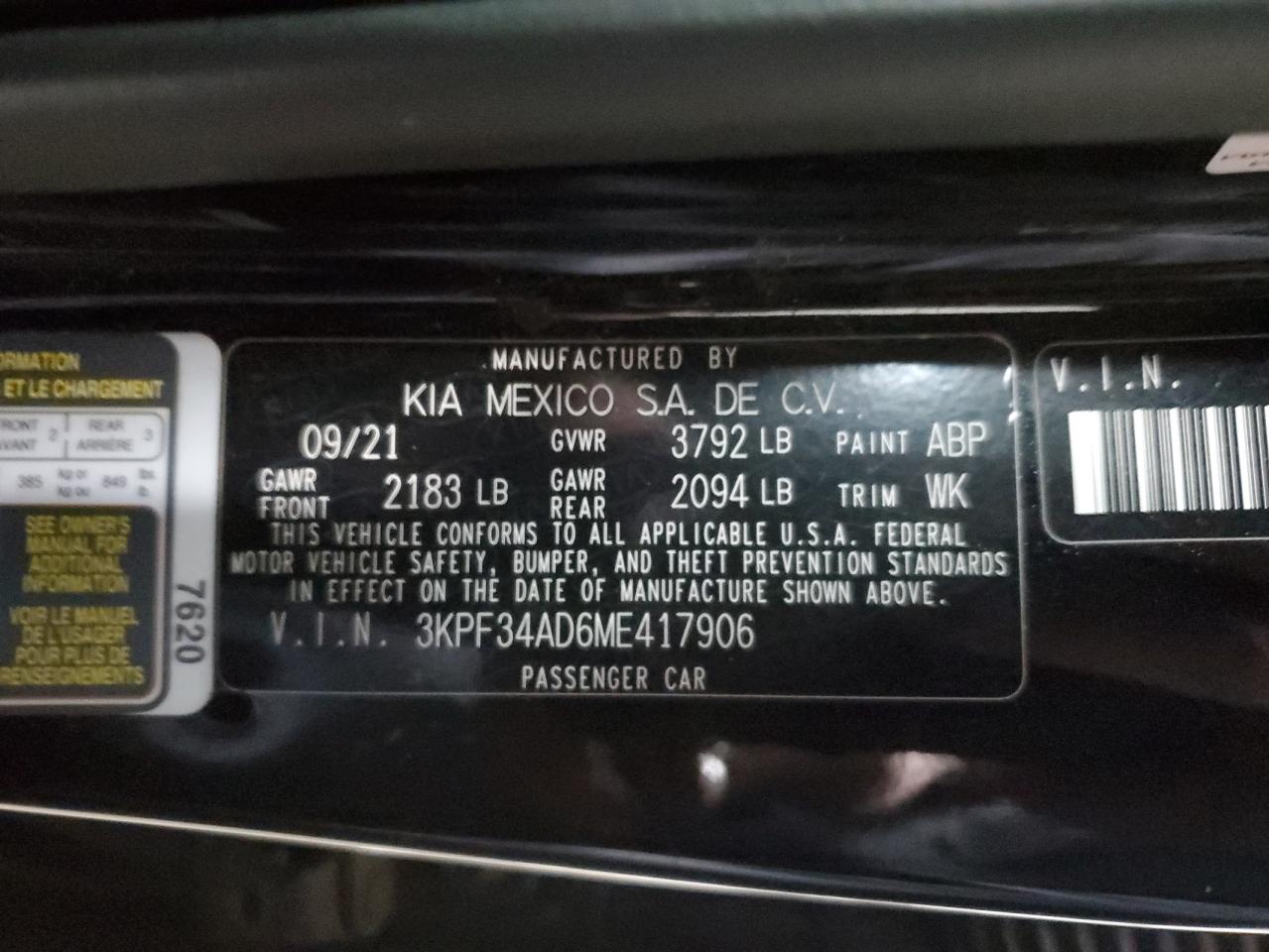 2021 Kia Forte Gt Line VIN: 3KPF34AD6ME417906 Lot: 92087725