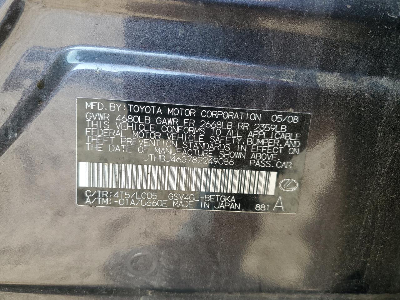 2008 Lexus Es 350 VIN: JTHBJ46G782249086 Lot: 92900515