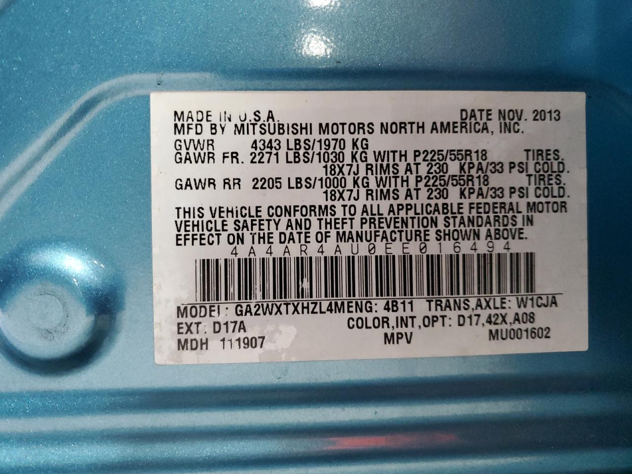 2014 Mitsubishi Outlander Sport Se VIN: 4A4AR4AU0EE016494 Lot: 93061815