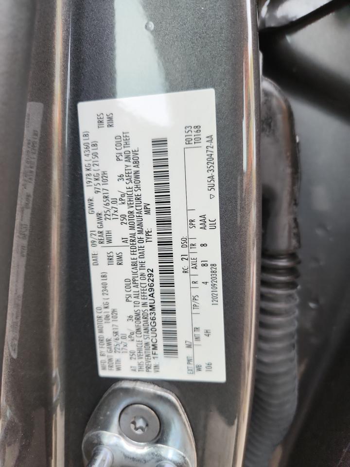 2021 Ford Escape Se VIN: 1FMCU0G63MUA96292 Lot: 91896235