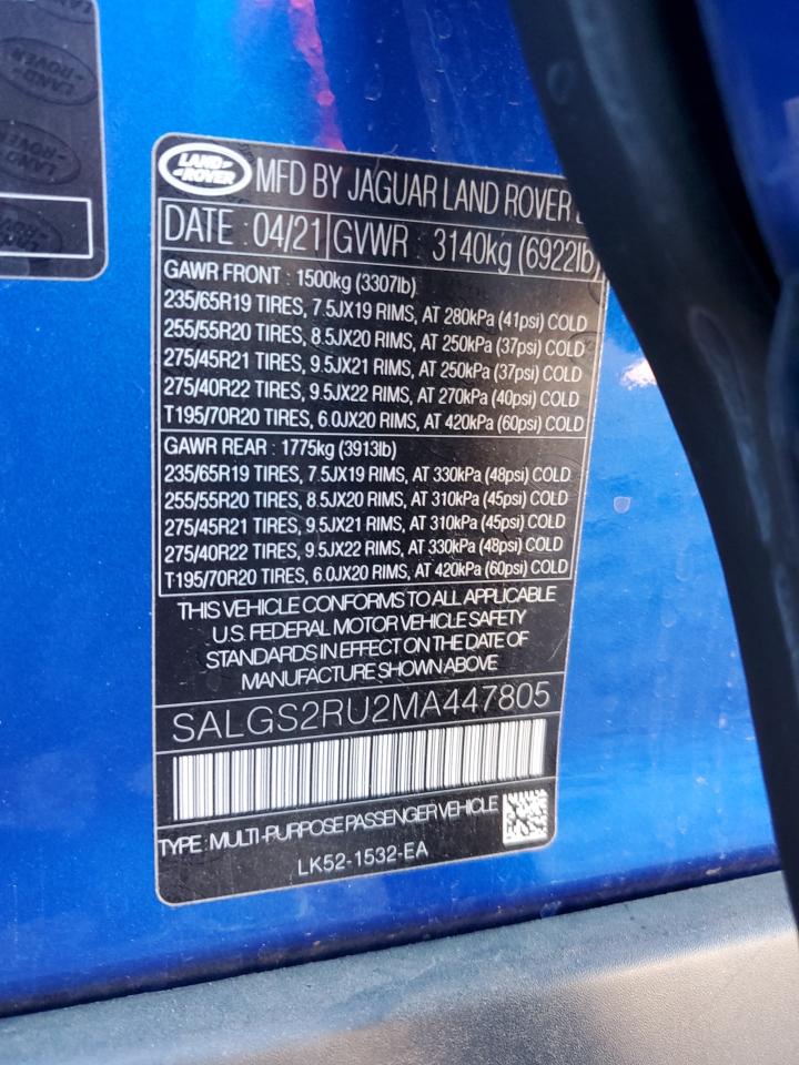 2021 Land Rover Range Rover Hse Westminster Edition VIN: SALGS2RU2MA447805 Lot: 91923135