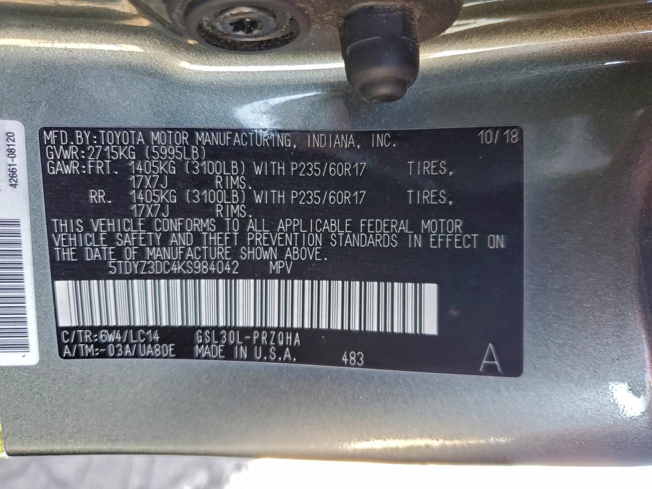 2019 Toyota Sienna Xle VIN: 5TDYZ3DC4KS984042 Lot: 94069745