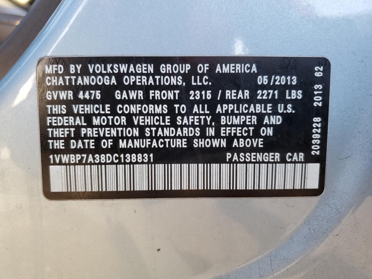 2013 Volkswagen Passat Se VIN: 1VWBP7A38DC138831 Lot: 92130095