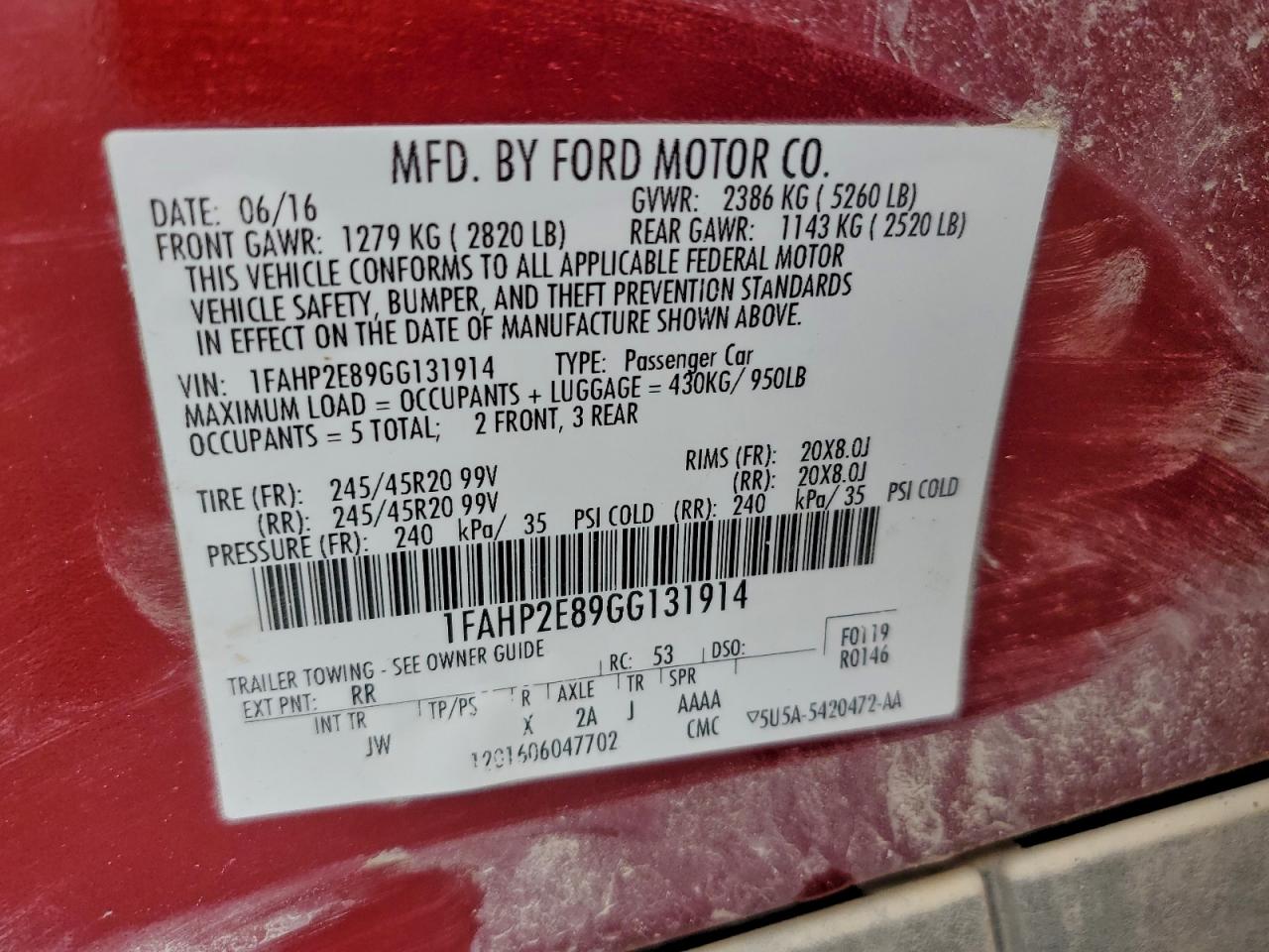 2016 Ford Taurus Sel VIN: 1FAHP2E89GG131914 Lot: 94174795