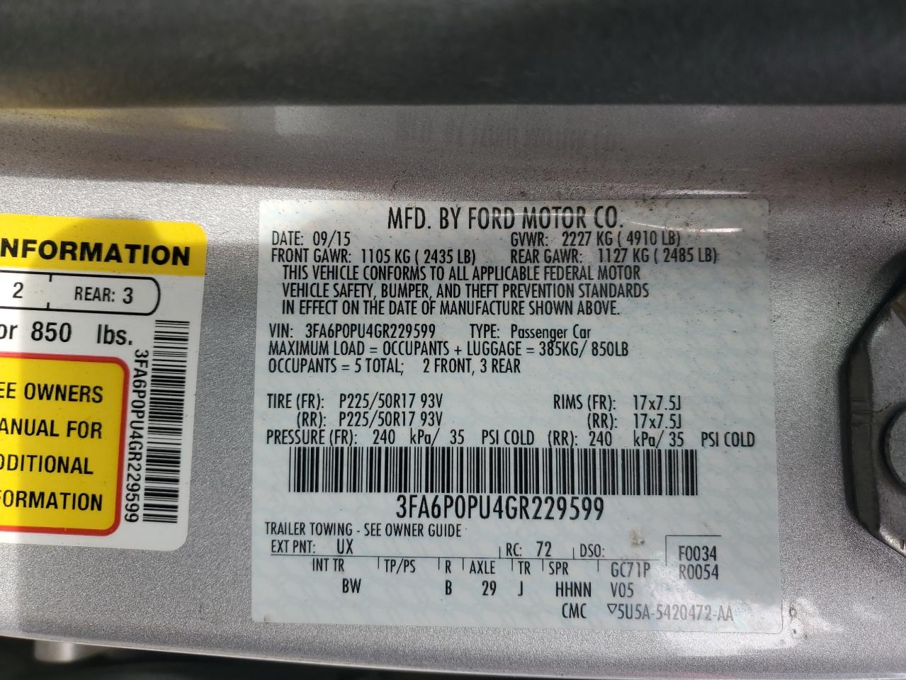 2016 Ford Fusion Se Phev VIN: 3FA6P0PU4GR229599 Lot: 92509875