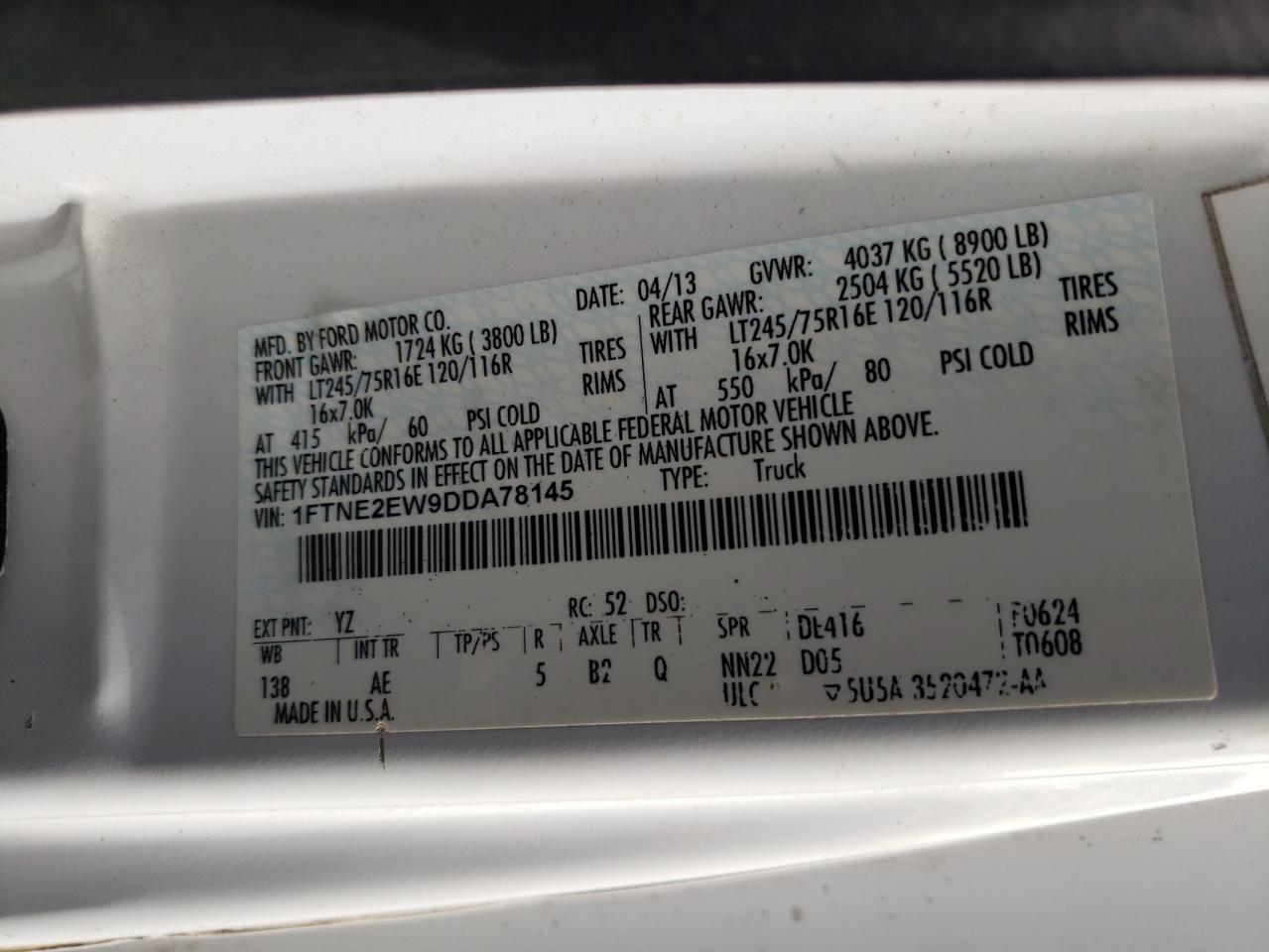 2013 Ford E250 Delivery Van VIN: 1FTNE2EW9DDA78145 Lot: 90290845