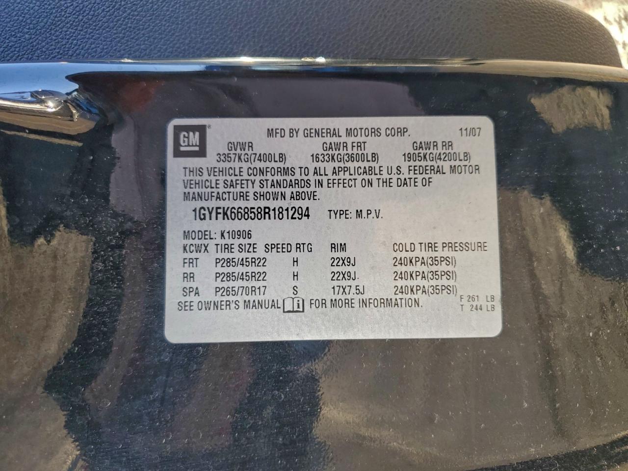 2008 Cadillac Escalade Esv VIN: 1GYFK66858R181294 Lot: 94387705