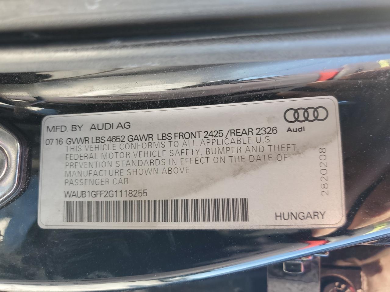 2016 Audi S3 Premium Plus VIN: WAUB1GFF2G1118255 Lot: 92458985