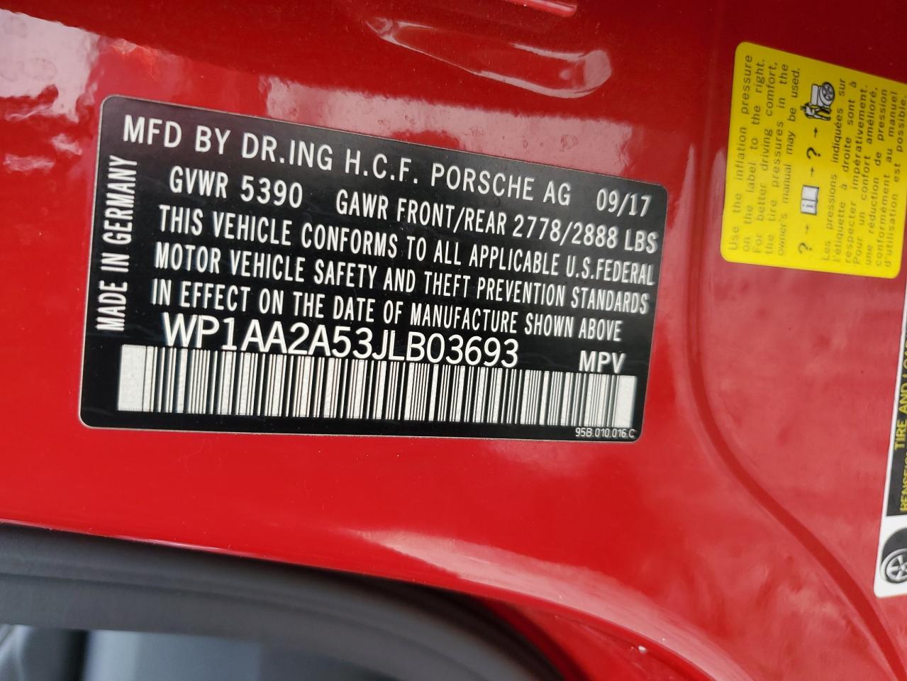 2018 Porsche Macan VIN: WP1AA2A53JLB03693 Lot: 93516115