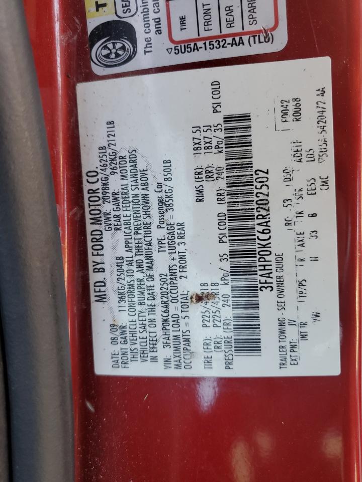 2010 Ford Fusion Sport VIN: 3FAHP0KC6AR202502 Lot: 92790835