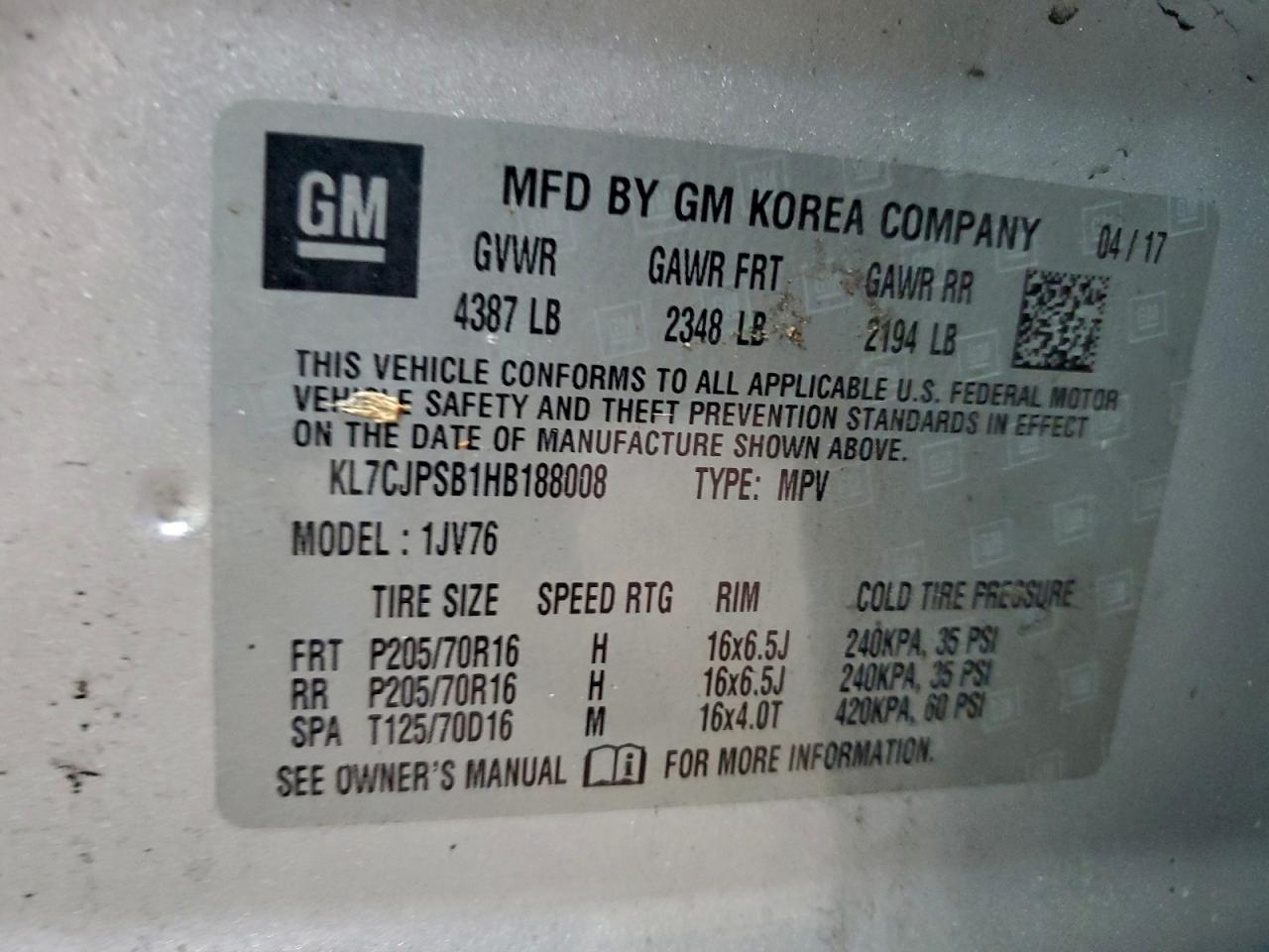 2017 Chevrolet Trax 1Lt VIN: KL7CJPSB1HB188008 Lot: 93969135