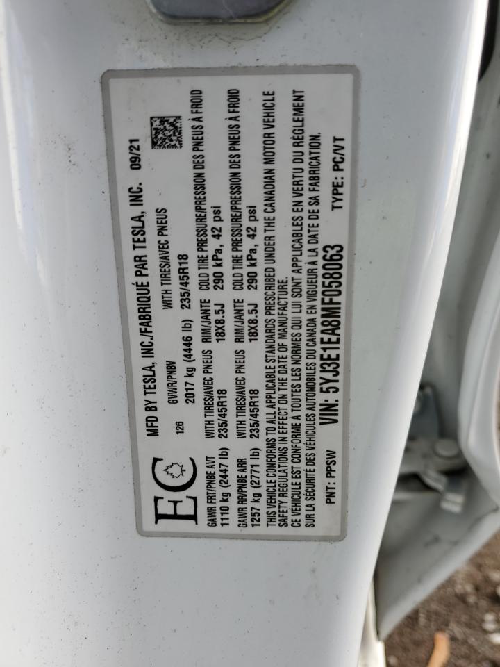 2021 Tesla Model 3 VIN: 5YJ3E1EA8MF058063 Lot: 91120455