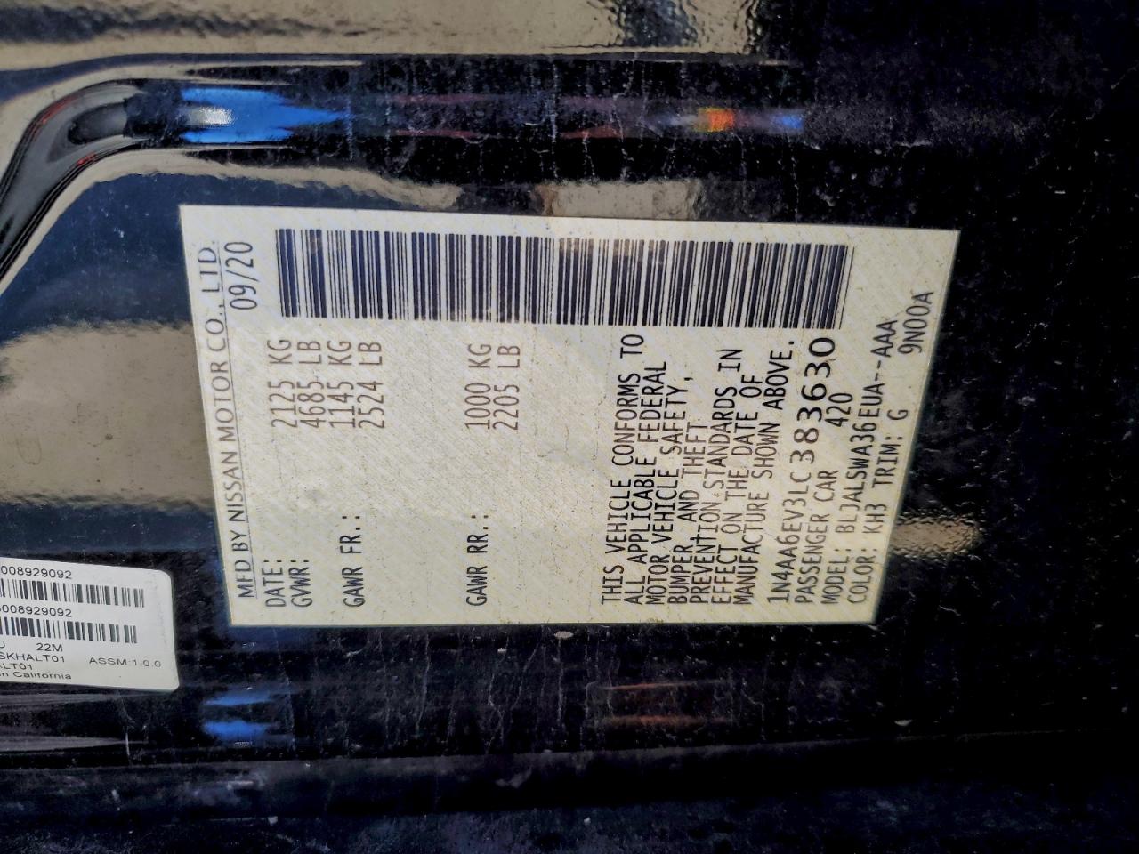 2020 Nissan Maxima Sr VIN: 1N4AA6EV3LC383630 Lot: 93981855