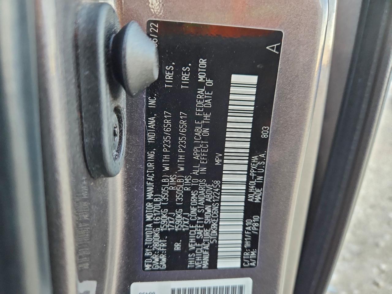 2022 Toyota Sienna Le VIN: 5TDKRKEC6NS122458 Lot: 94418875