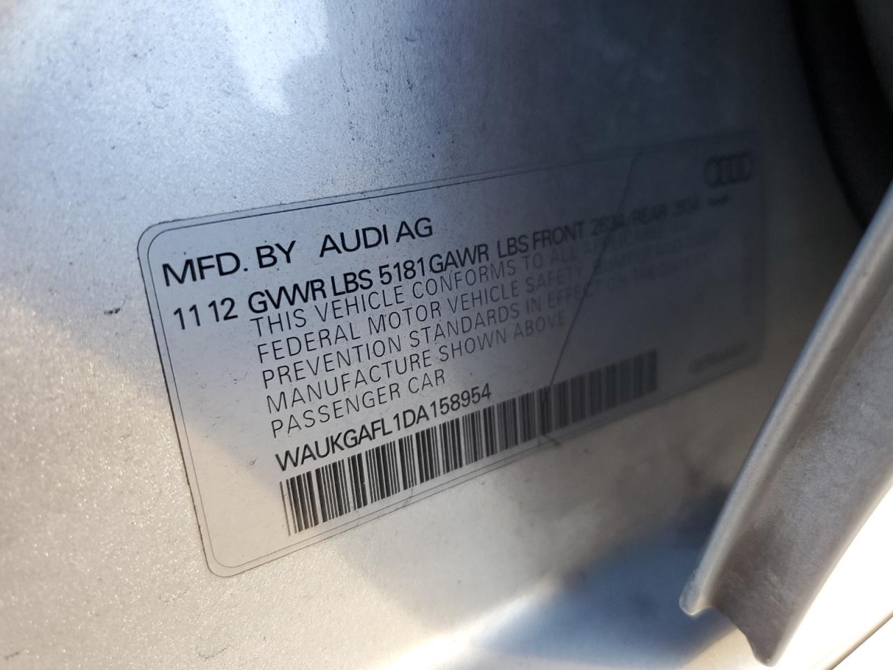 2013 Audi S4 Prestige VIN: WAUKGAFL1DA158954 Lot: 91262045