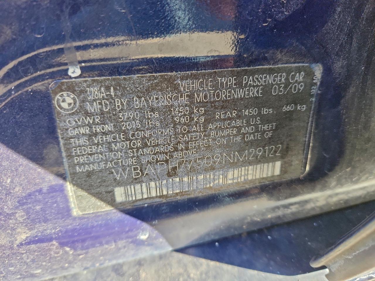 2009 BMW 328 I VIN: WBAPH77509NM29122 Lot: 94153875