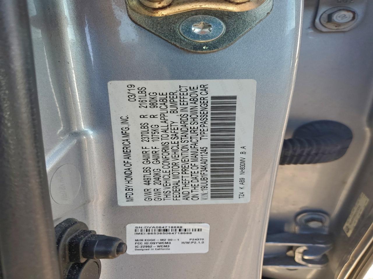 2019 Acura Tlx VIN: 19UUB1F34KA011245 Lot: 93515835