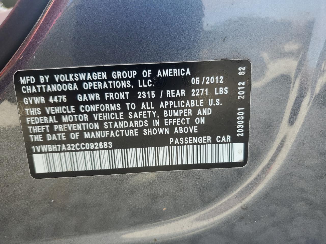 2012 Volkswagen Passat Se VIN: 1VWBH7A32CC092683 Lot: 93677545