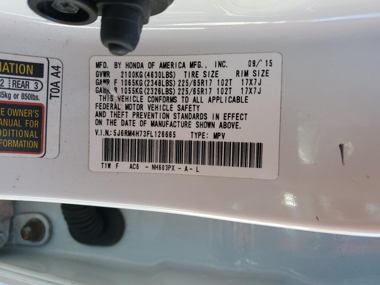 2015 Honda Cr-V Exl VIN: 5J6RM4H73FL126665 Lot: 93042945