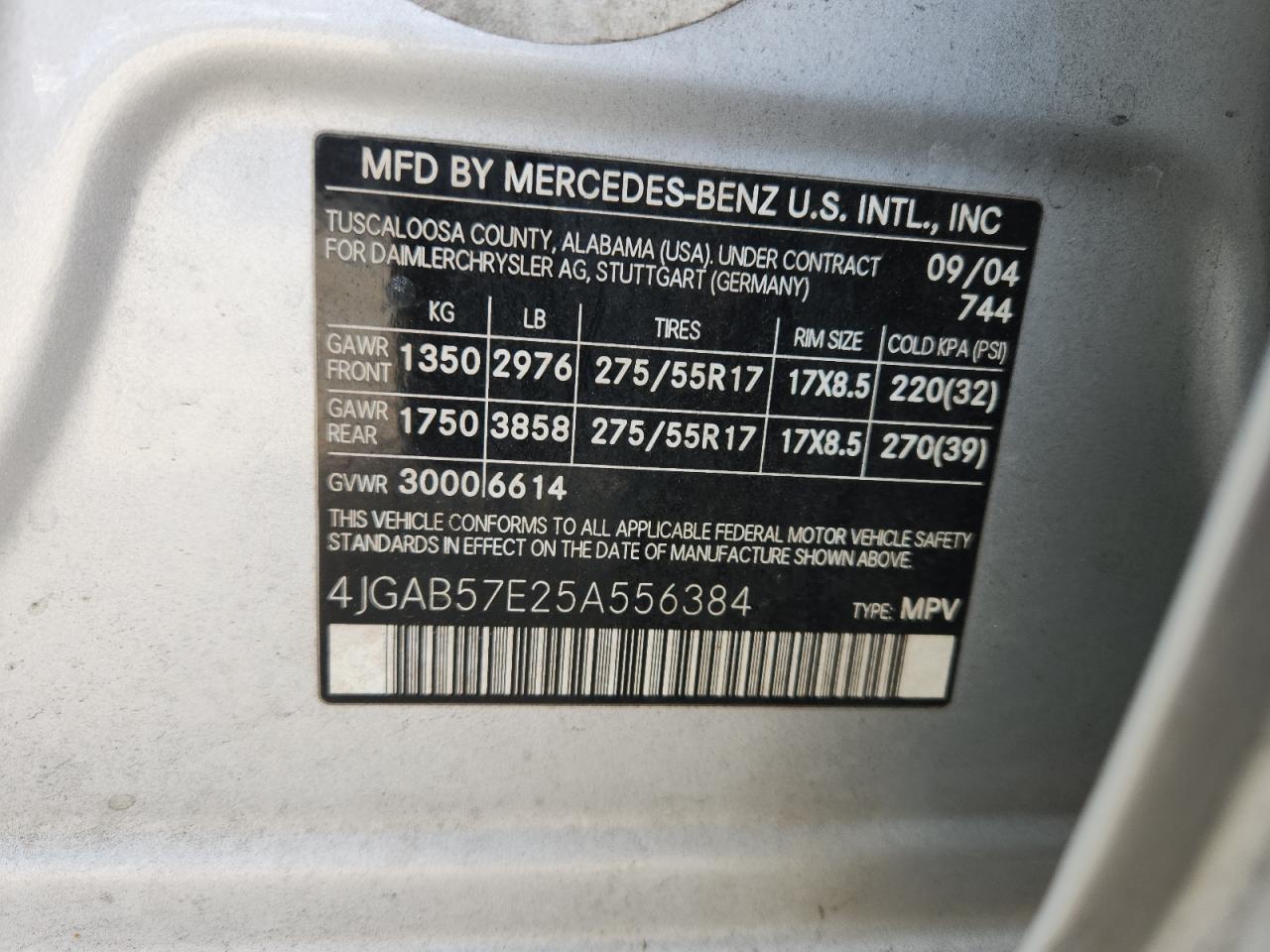 2005 Mercedes-Benz Ml 350 VIN: 4JGAB57E25A556384 Lot: 90860425