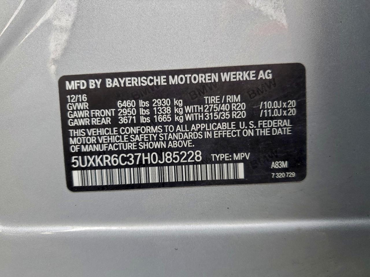 2017 BMW X5 xDrive50I VIN: 5UXKR6C37H0J85228 Lot: 94314175