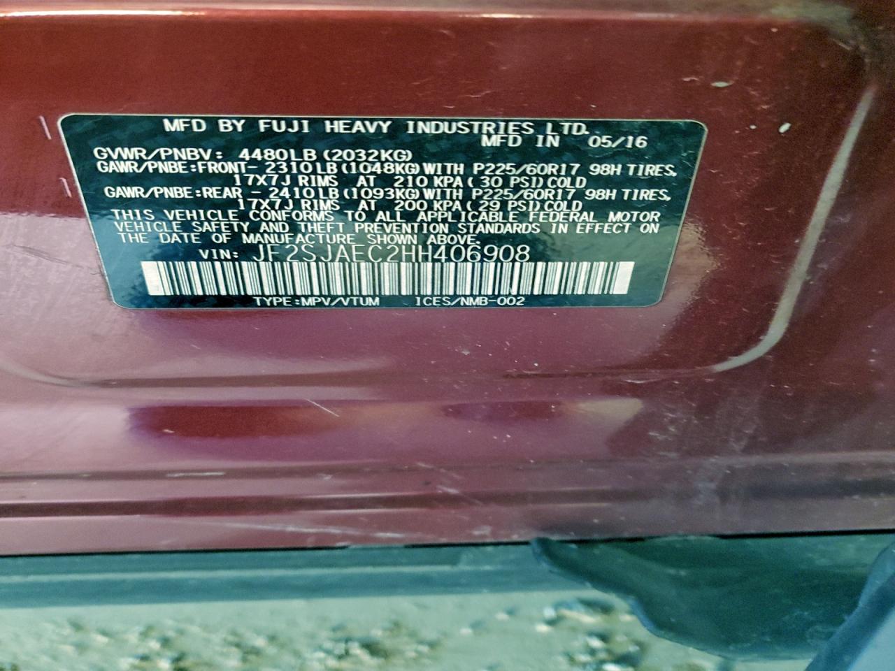 2017 Subaru Forester 2.5I Premium VIN: JF2SJAEC2HH406908 Lot: 94496105