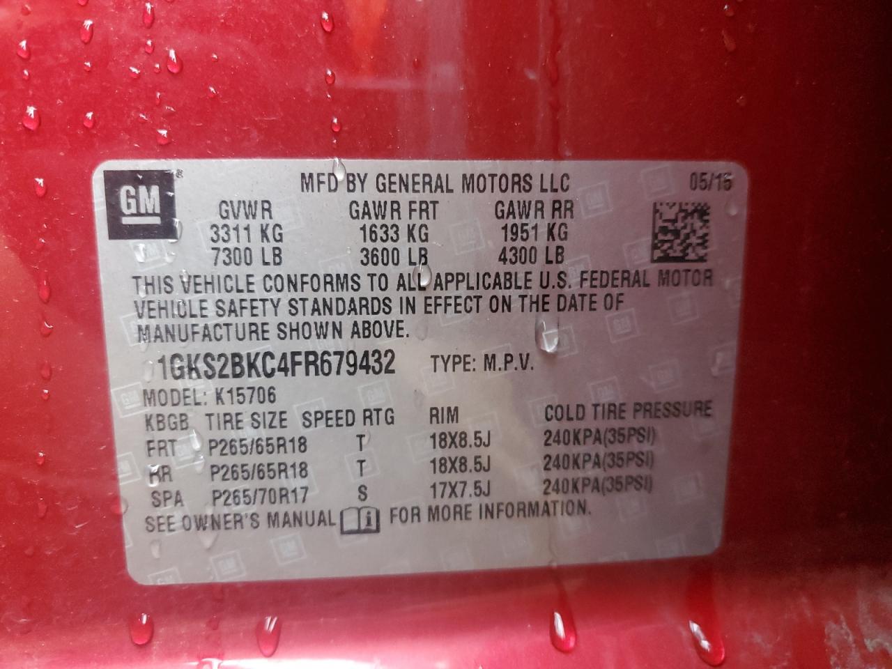 2015 GMC Yukon Slt VIN: 1GKS2BKC4FR679432 Lot: 92882405