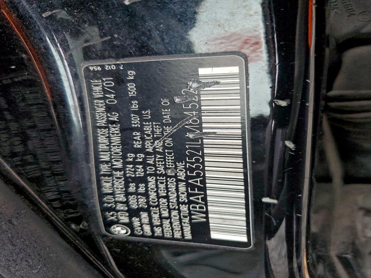 2001 BMW X5 3.0I VIN: WBAFA53521LM84522 Lot: 94375815