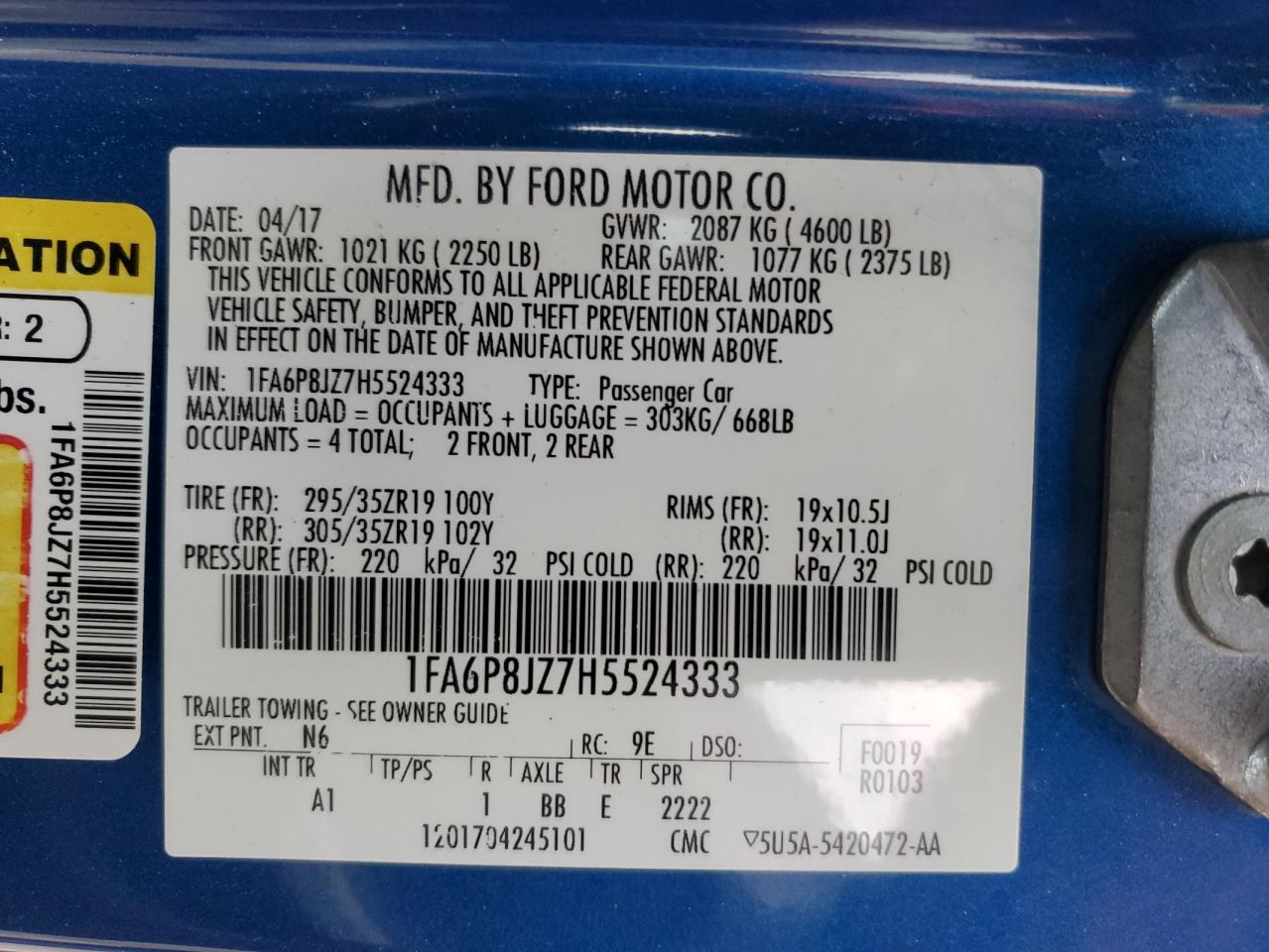 2017 Ford Mustang Shelby Gt350 VIN: 1FA6P8JZ7H5524333 Lot: 85431225