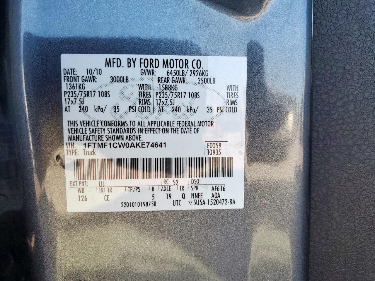 2010 Ford F150 VIN: 1FTMF1CW0AKE74641 Lot: 91422345