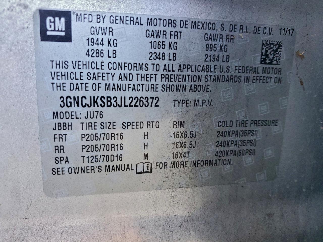 2018 Chevrolet Trax Ls VIN: 3GNCJKSB3JL226372 Lot: 93787985