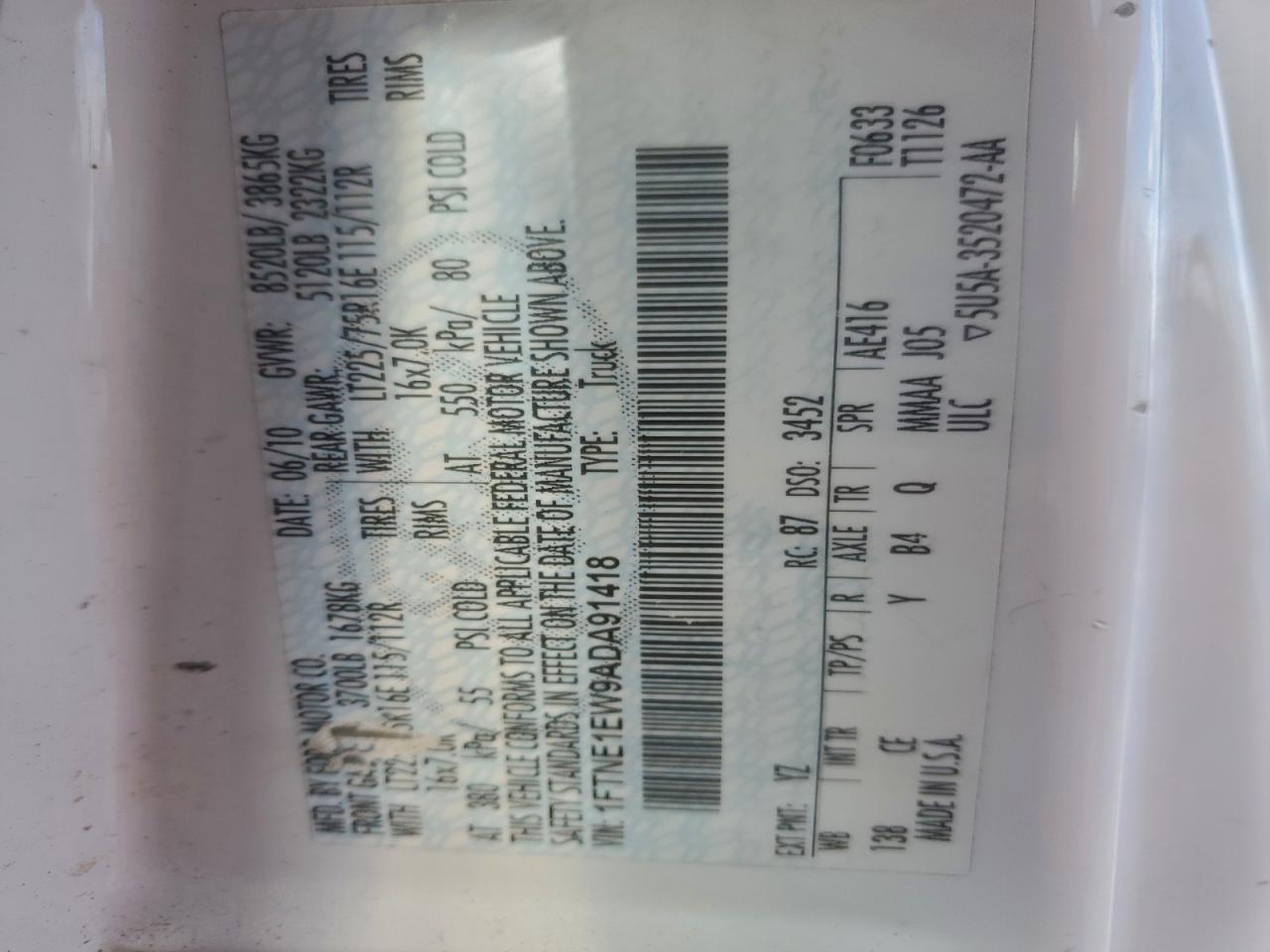 2010 Ford Econoline E150 Van VIN: 1FTNE1EW9ADA91418 Lot: 94172525