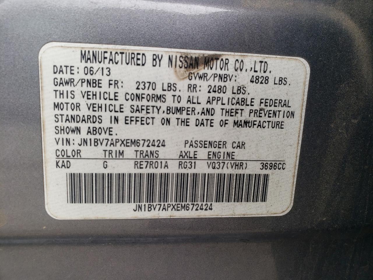 2014 Infiniti Q50 Base VIN: JN1BV7APXEM672424 Lot: 92038975