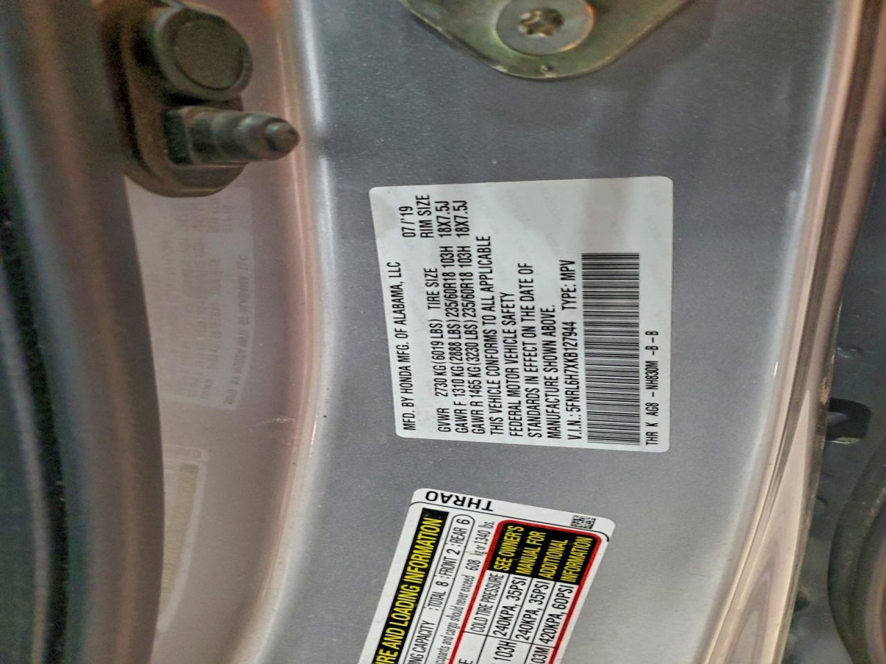 2019 Honda Odyssey Exl VIN: 5FNRL6H7XKB127944 Lot: 94421575