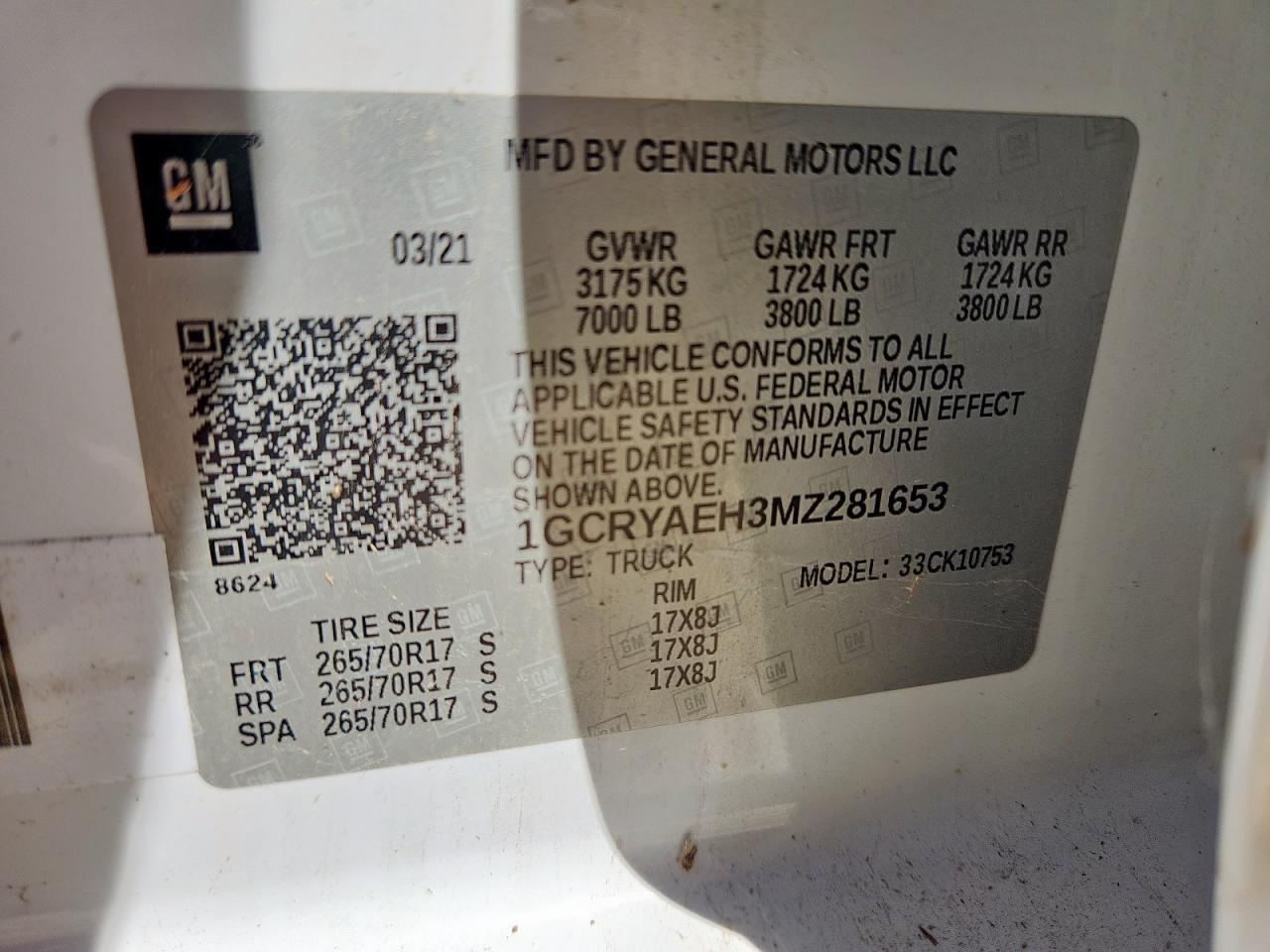 2021 Chevrolet Silverado K1500 VIN: 1GCRYAEH3MZ281653 Lot: 91905145