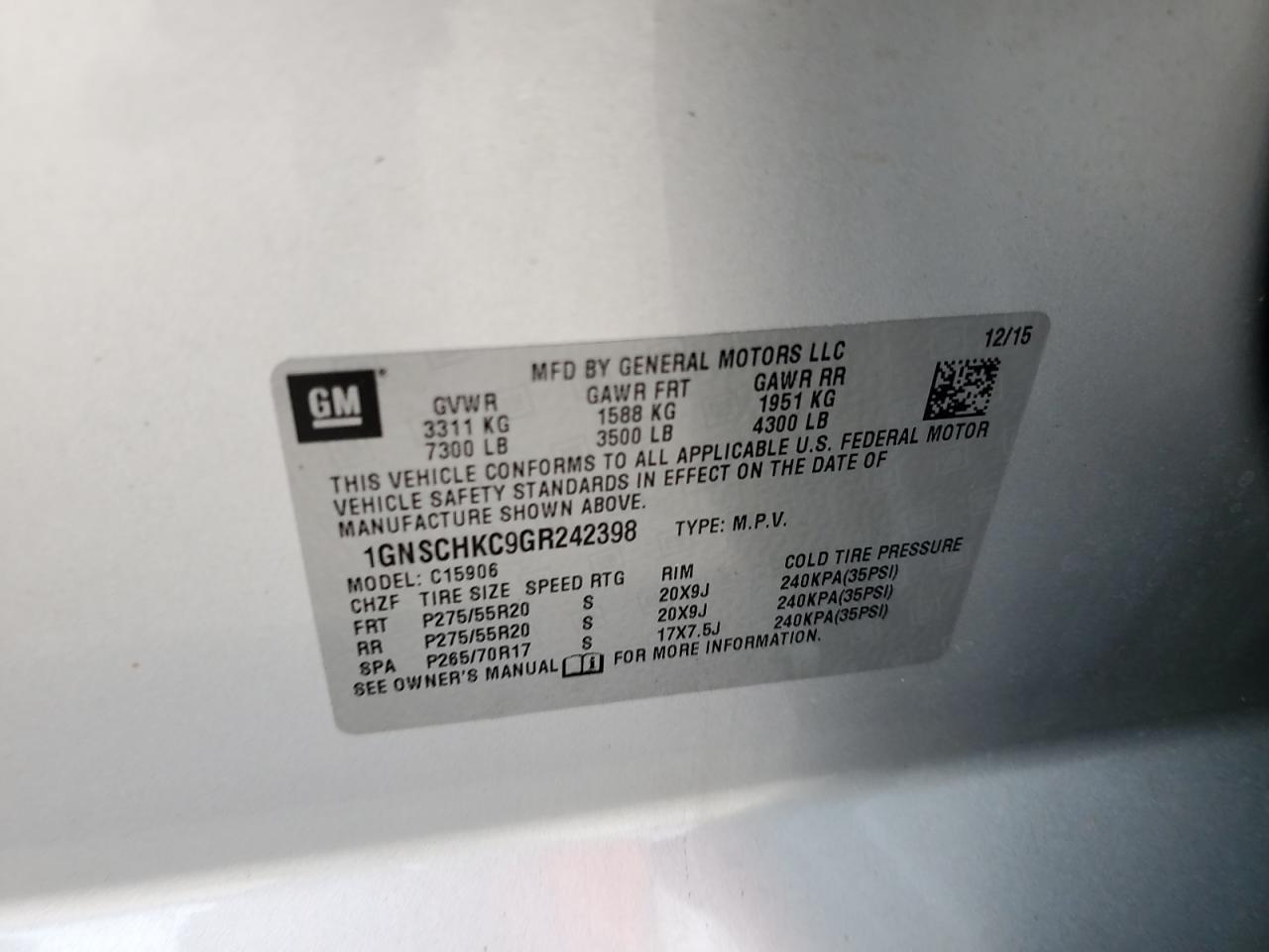 2016 Chevrolet Suburban C1500 Lt VIN: 1GNSCHKC9GR242398 Lot: 93752395